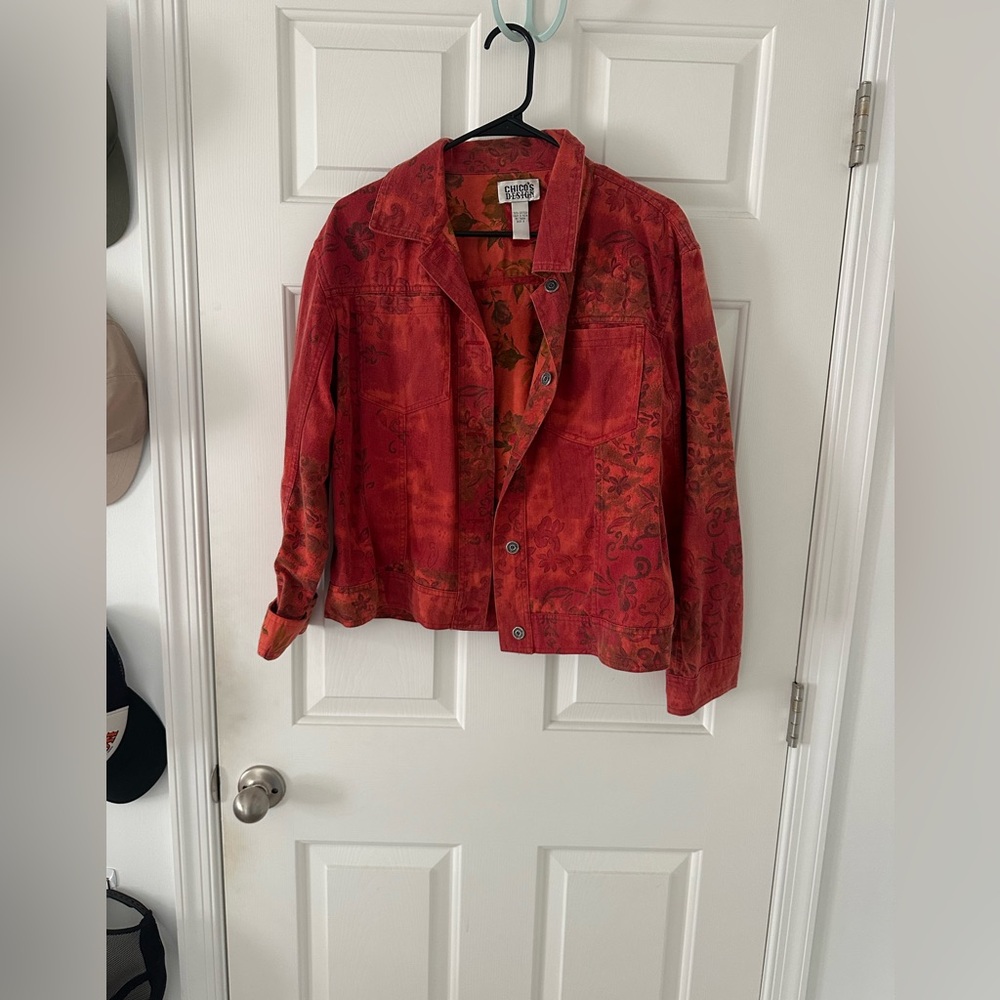 VINTAGE Chico’s red floral jean jacket